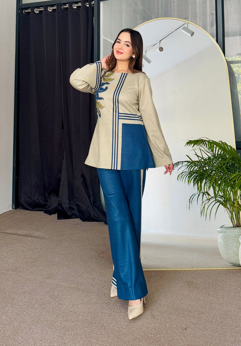 Beige Blue Woollen Coord Set